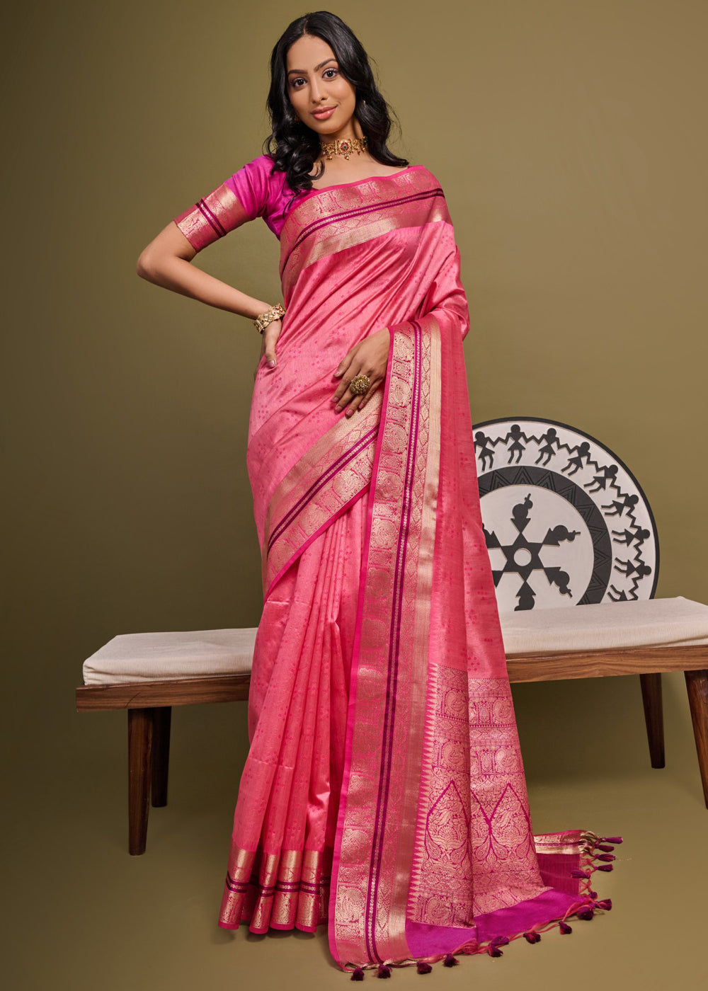 Buy MySilkLove Wild Watermelon Pink Woven Banarasi Soft Silk Saree Online