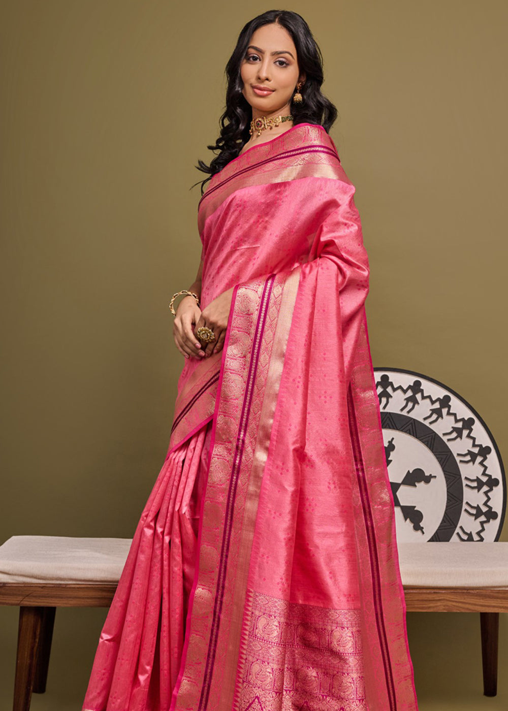 Buy MySilkLove Wild Watermelon Pink Woven Banarasi Soft Silk Saree Online