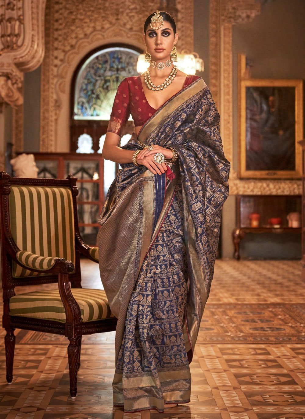 Buy MySilkLove Gun Powder Blue Woven Patola Silk Saree Online