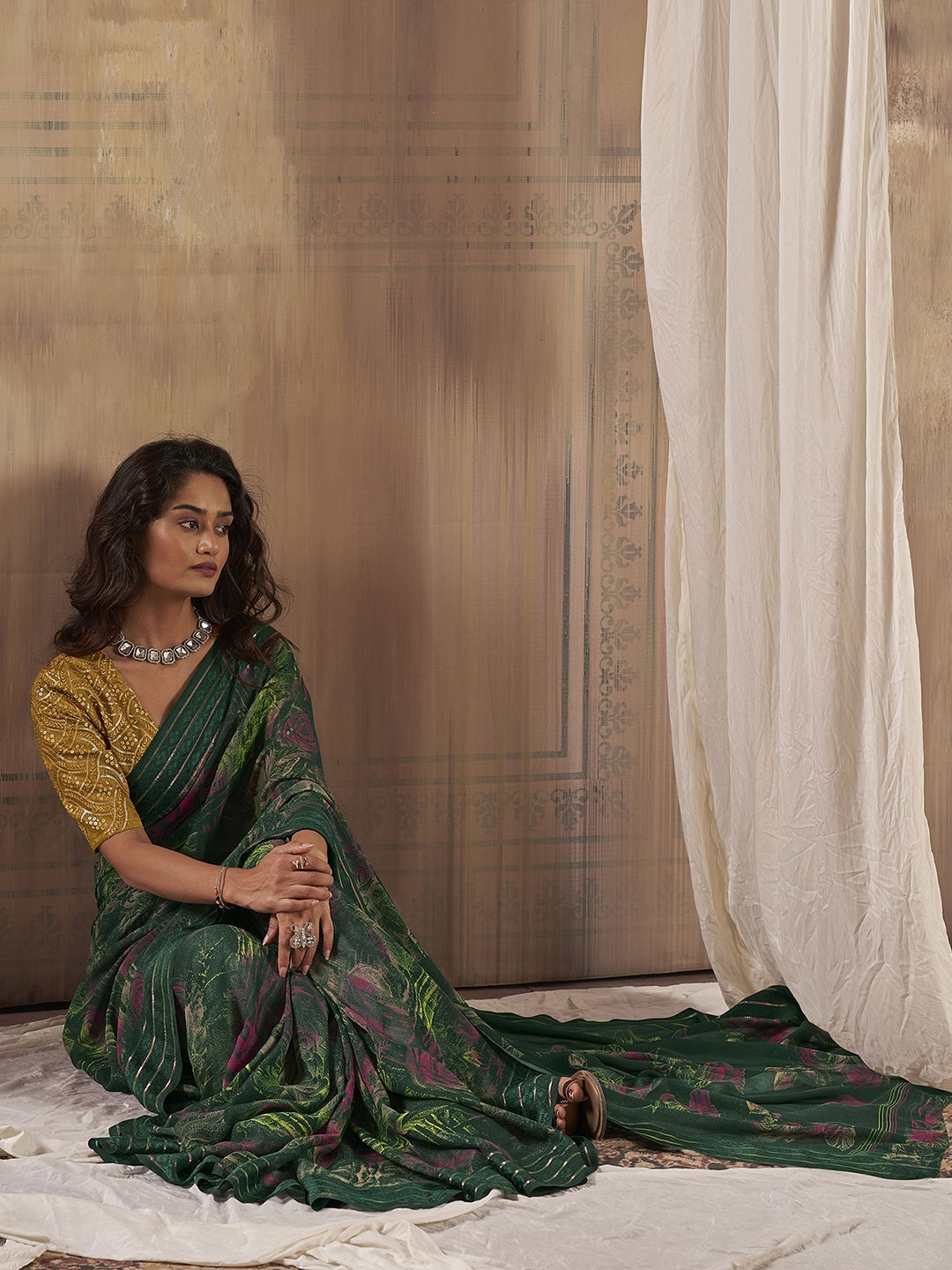 Buy MySilkLove Woodland Green Georgette Chiffon Saree With Embroidery Blouse Online