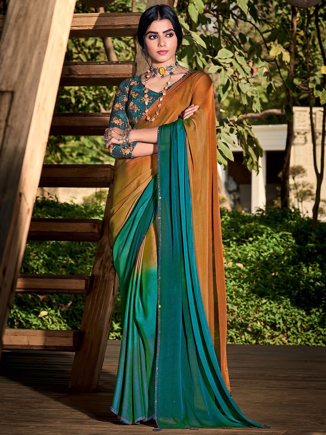 Buy MySilkLove Raw Sienna Yellow and Green Chiffon Saree With Printed Blouse Online