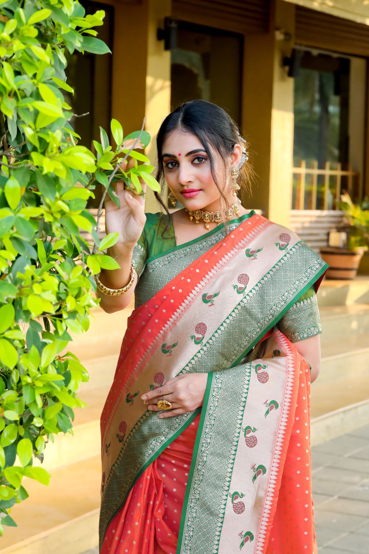 MySilkLove James Orange and Green Banarasi Paithani Silk Saree