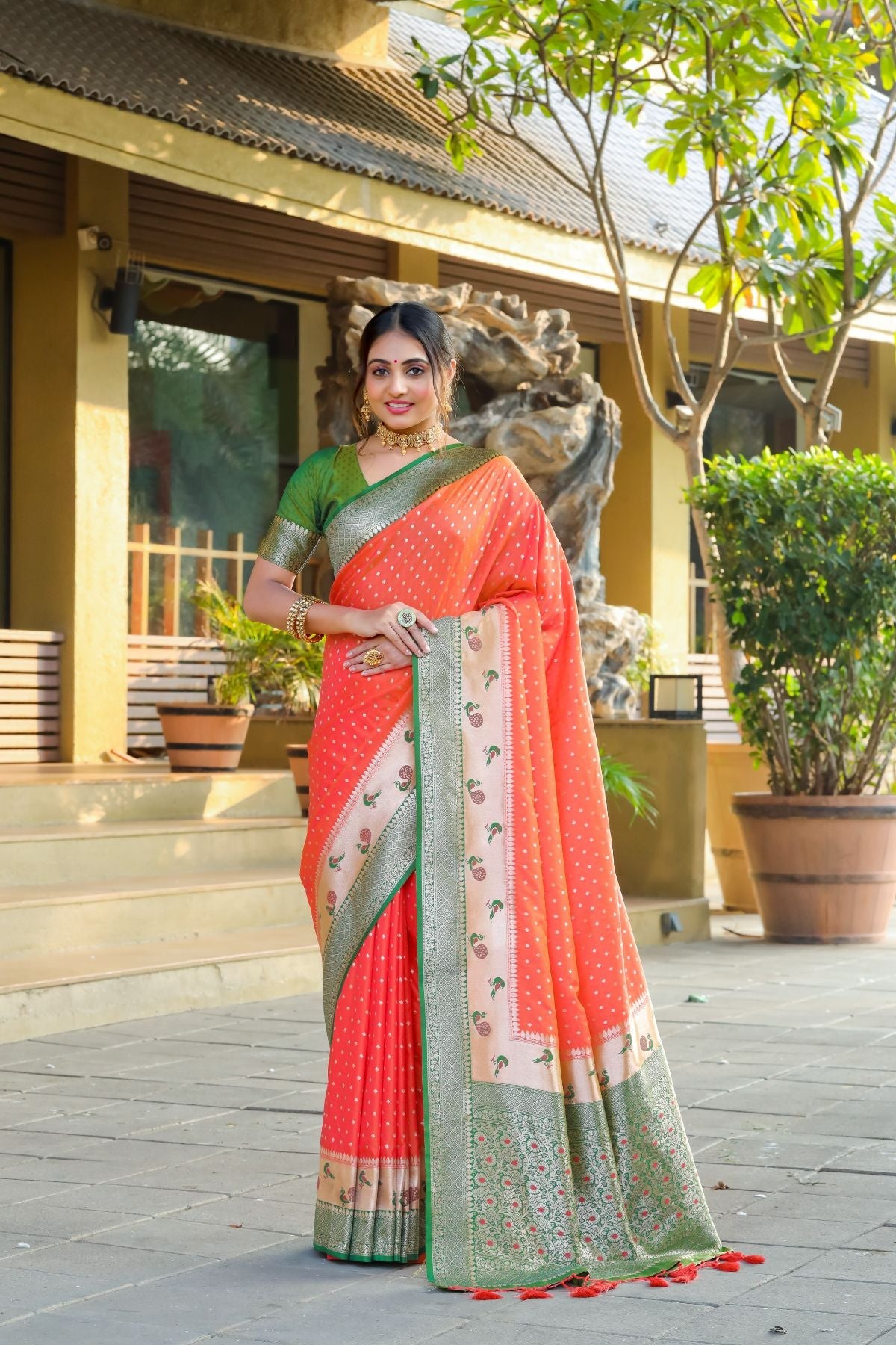 Buy MySilkLove James Orange and Green Banarasi Paithani Silk Saree Online