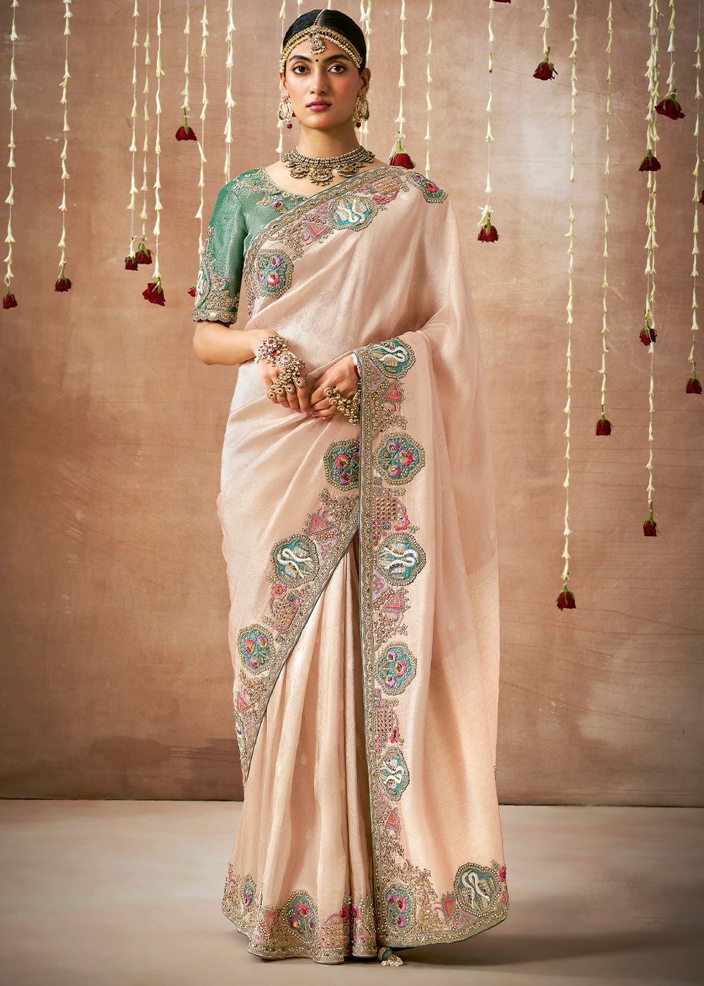 Buy MySilkLove Sunset Peach  Zari Woven Embroidery Designer Tissue Dola Silk Saree Online