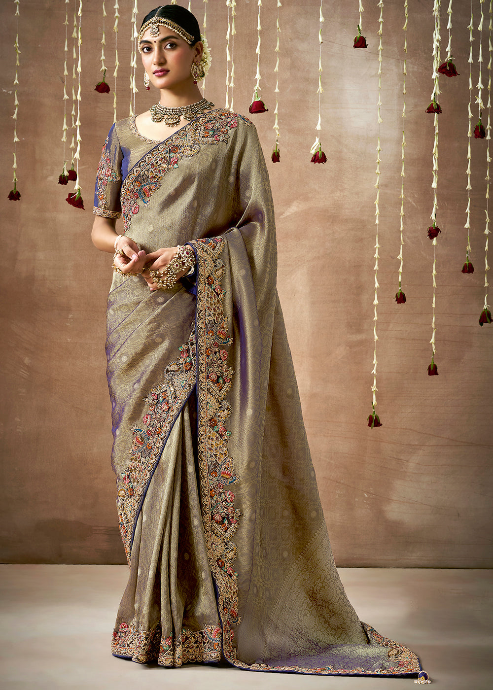 Buy MySilkLove Ash Grey and Purple  Zari Woven Embroidery Designer Tissue Dola Silk Saree Online