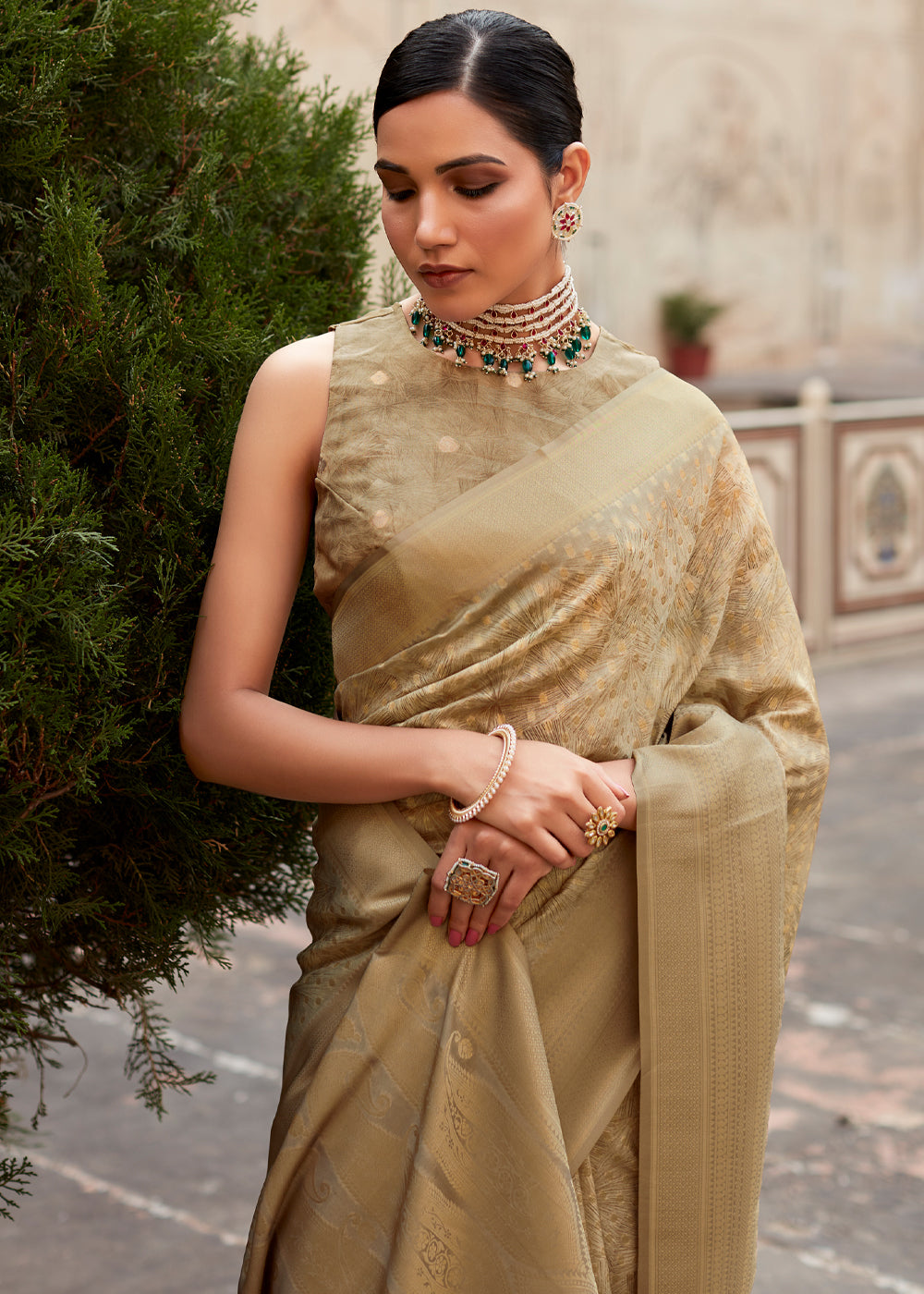 MySilkLove Twine Gold Banarasi Digital Printed Silk Saree