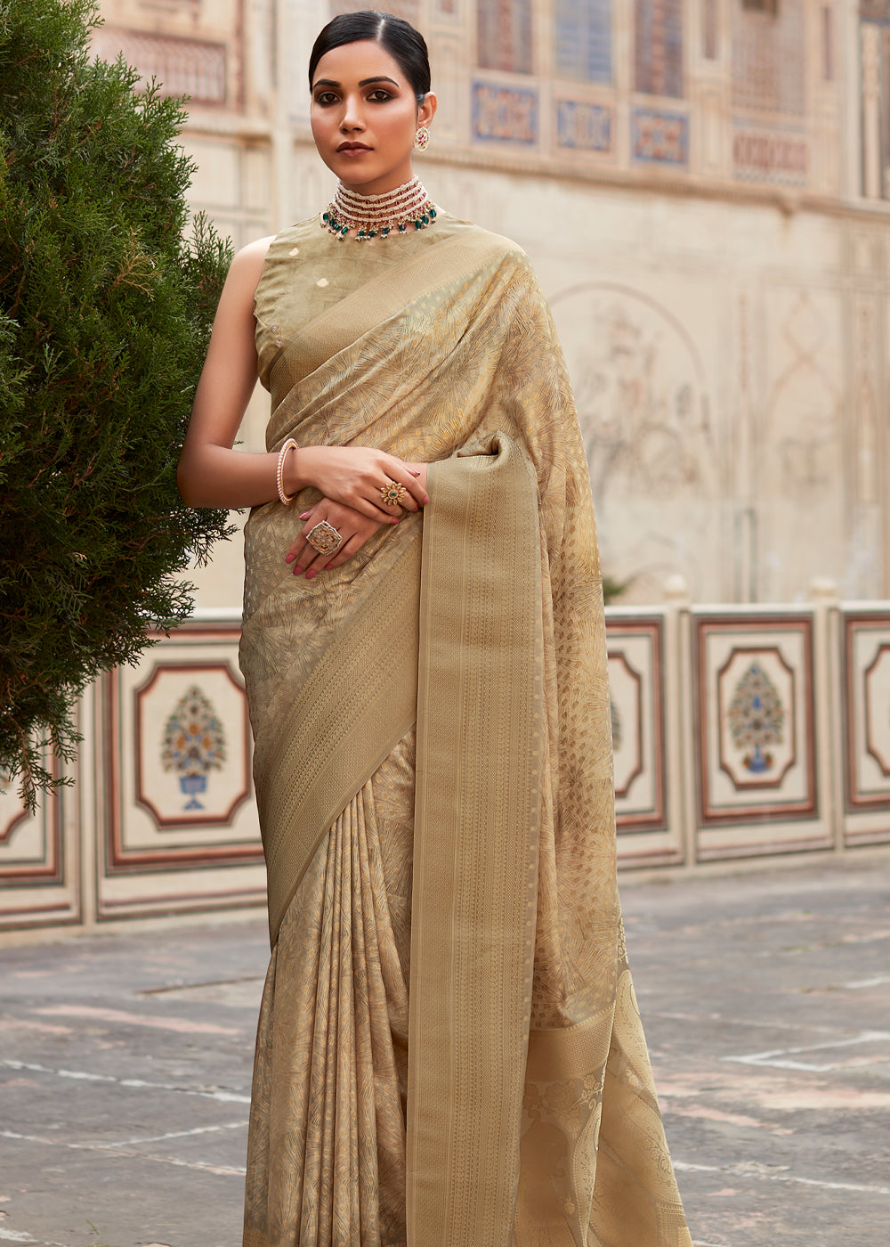 Buy MySilkLove Twine Gold Banarasi Digital Printed Silk Saree Online