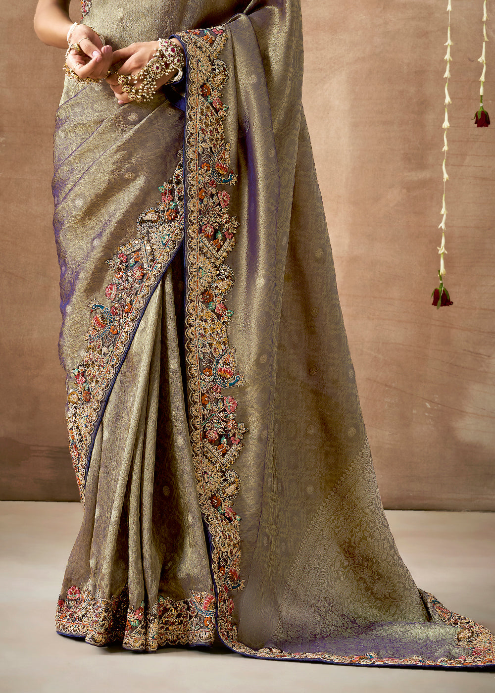 Buy MySilkLove Ash Grey and Purple  Zari Woven Embroidery Designer Tissue Dola Silk Saree Online