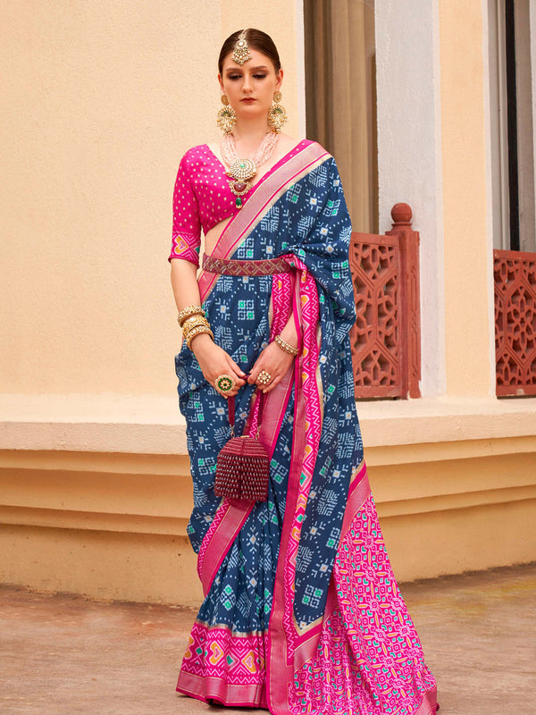 Blue Dianne and Pink Printed Patola Soft Silk