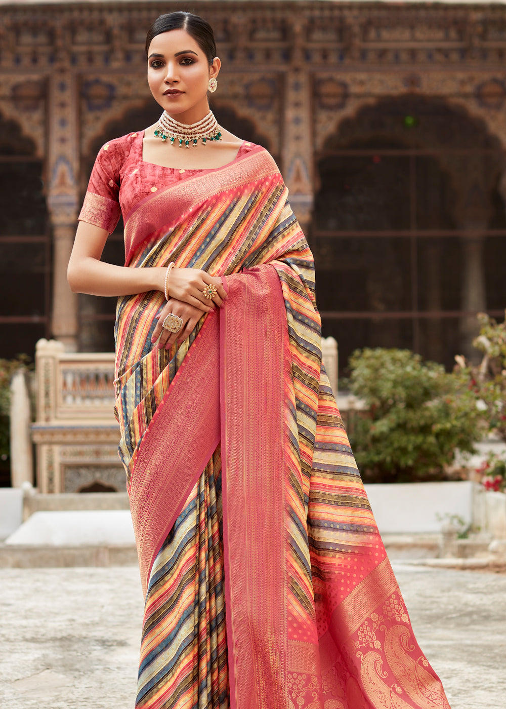 Buy MySilkLove Multicolor Pink Banarasi Digital Printed Silk Saree Online