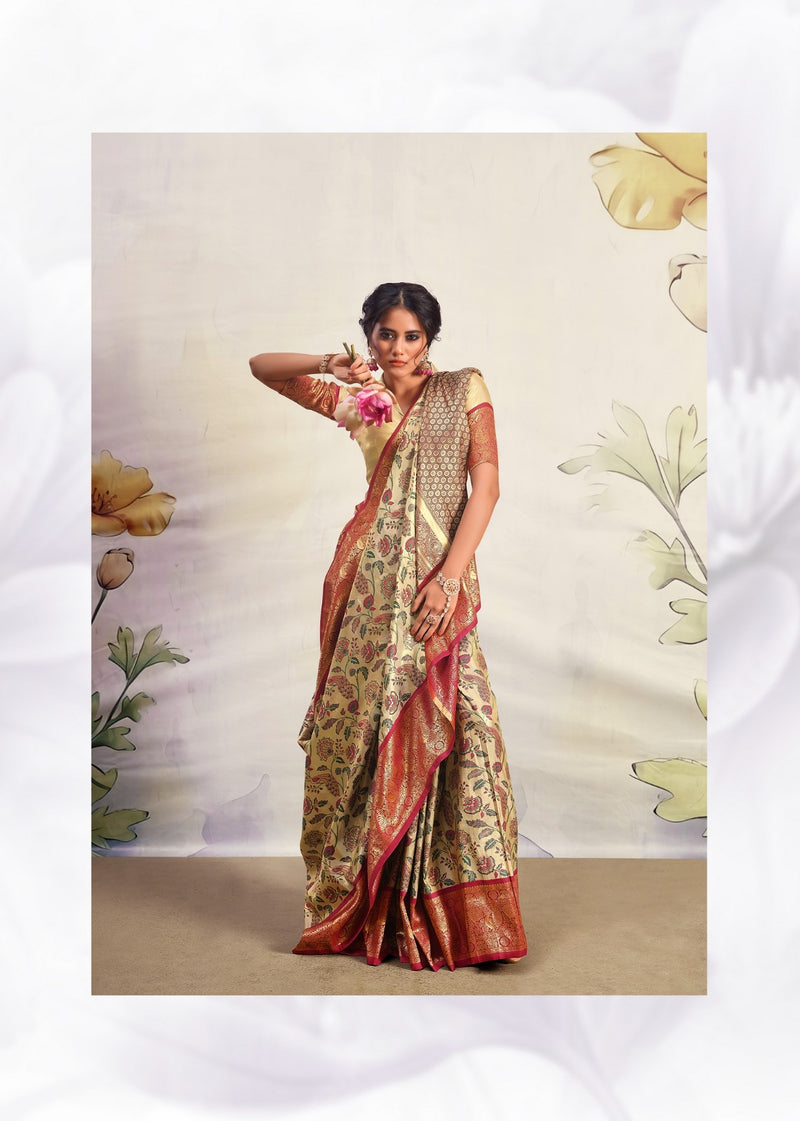 Sorrell Brown and Cream Woven Banarasi Saree – MySilkLove