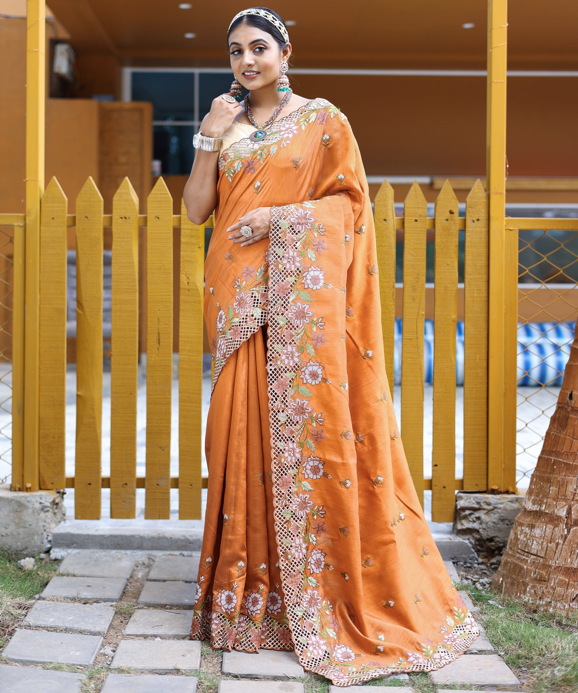 Buy MySilkLove Rajah Orange Embroidered Tussar Silk Saree Online