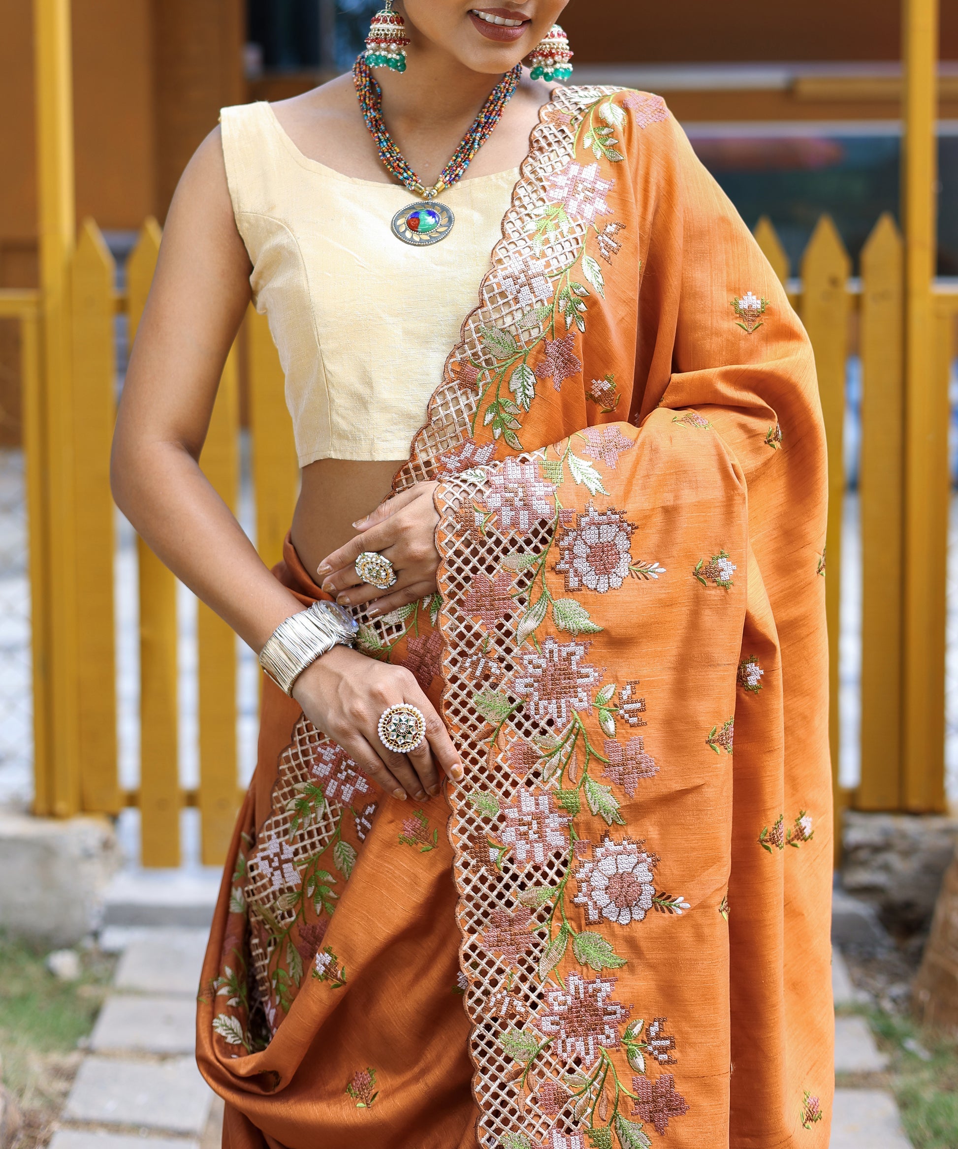 MySilkLove Rajah Orange Embroidered Tussar Silk Saree