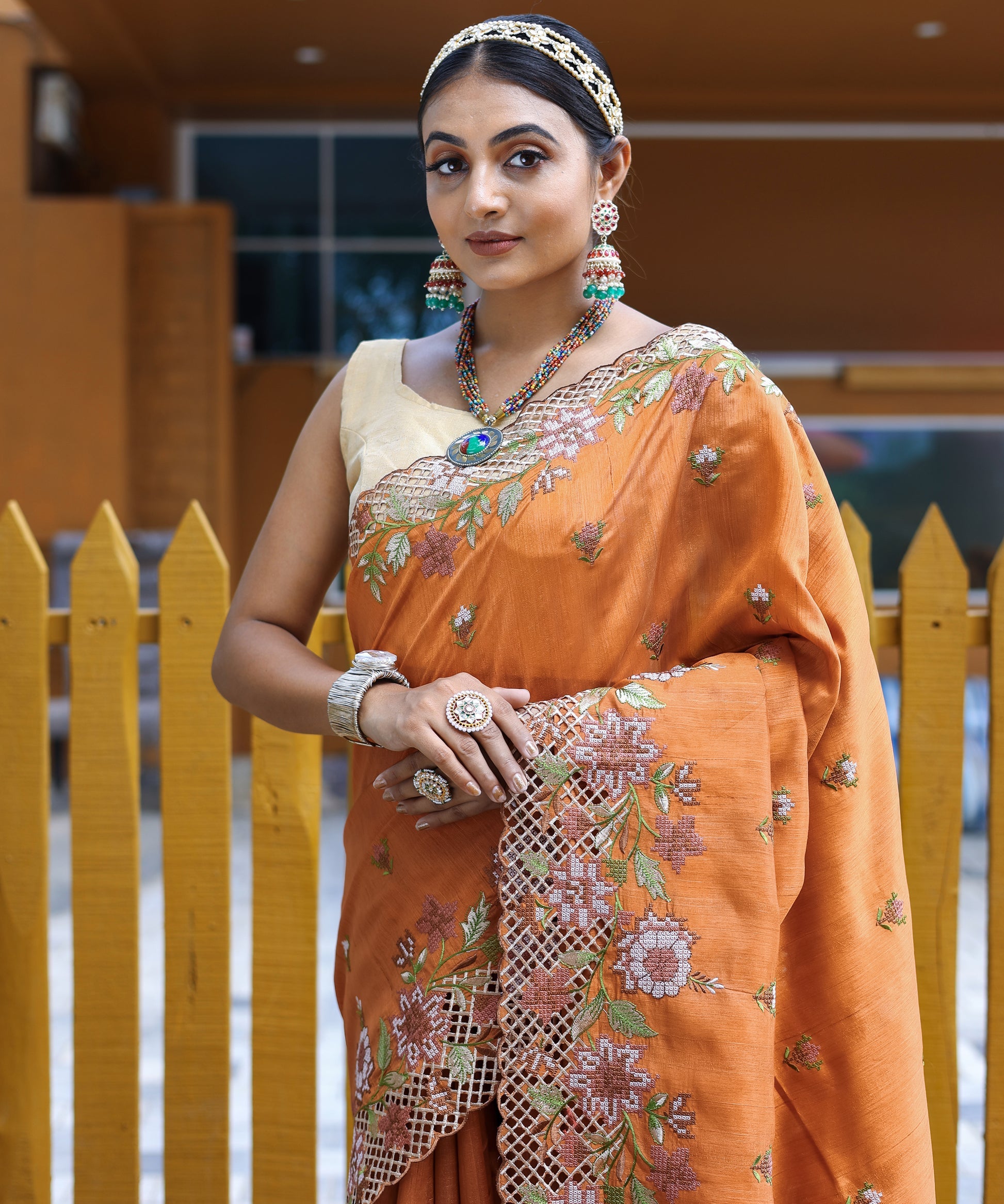 Buy MySilkLove Rajah Orange Embroidered Tussar Silk Saree Online