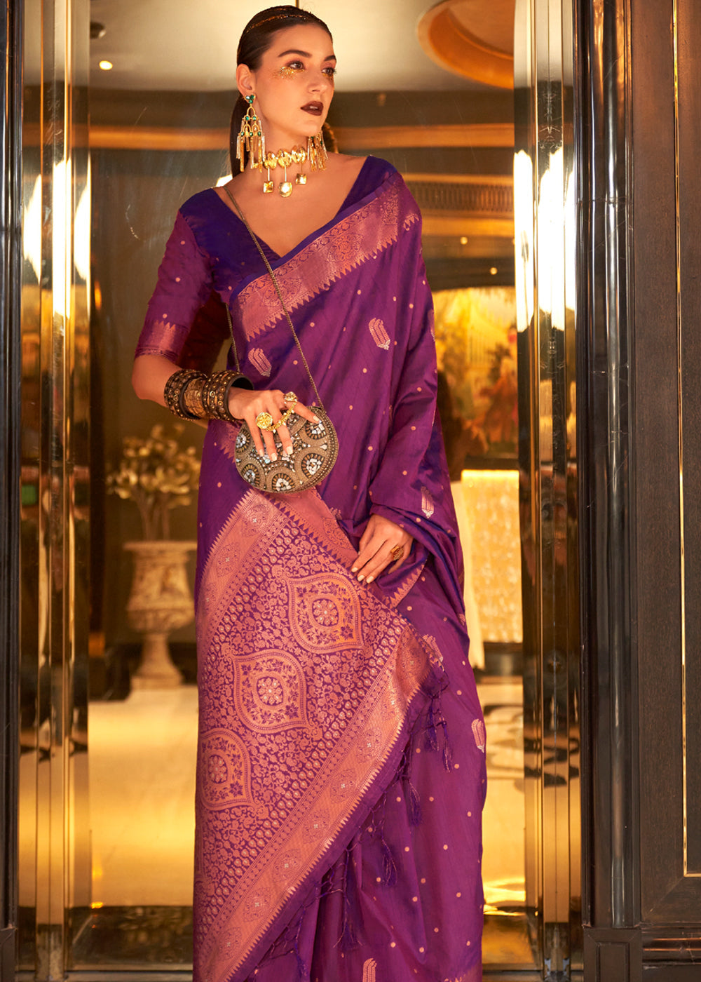 Buy MySilkLove Tawny Port Purple Bronze Zari Woven Tussar Silk Saree Online