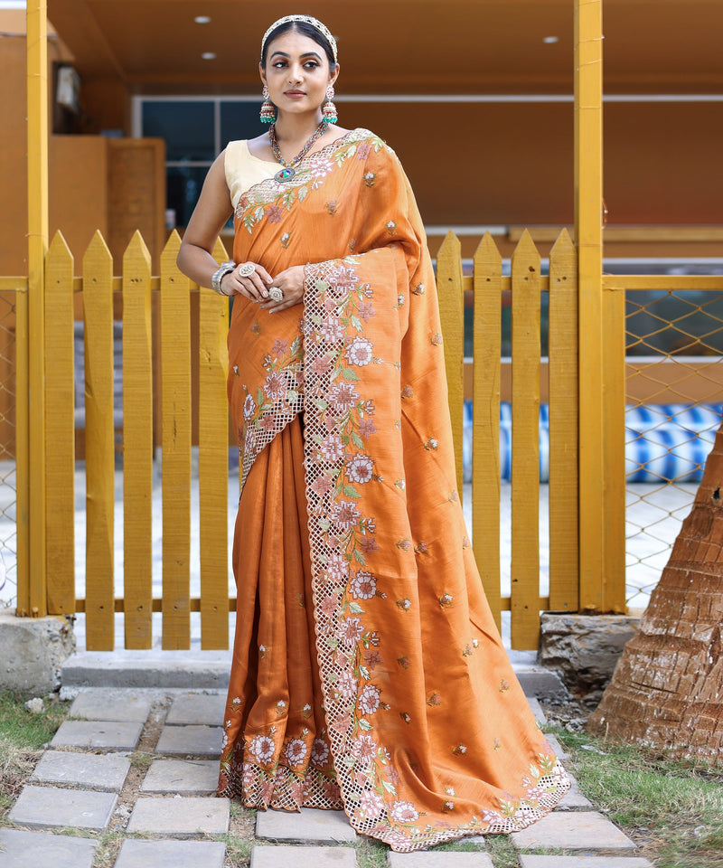 Golden Madhubani Printed Tussar Ghicha Silk Saree || Peepal Clothing