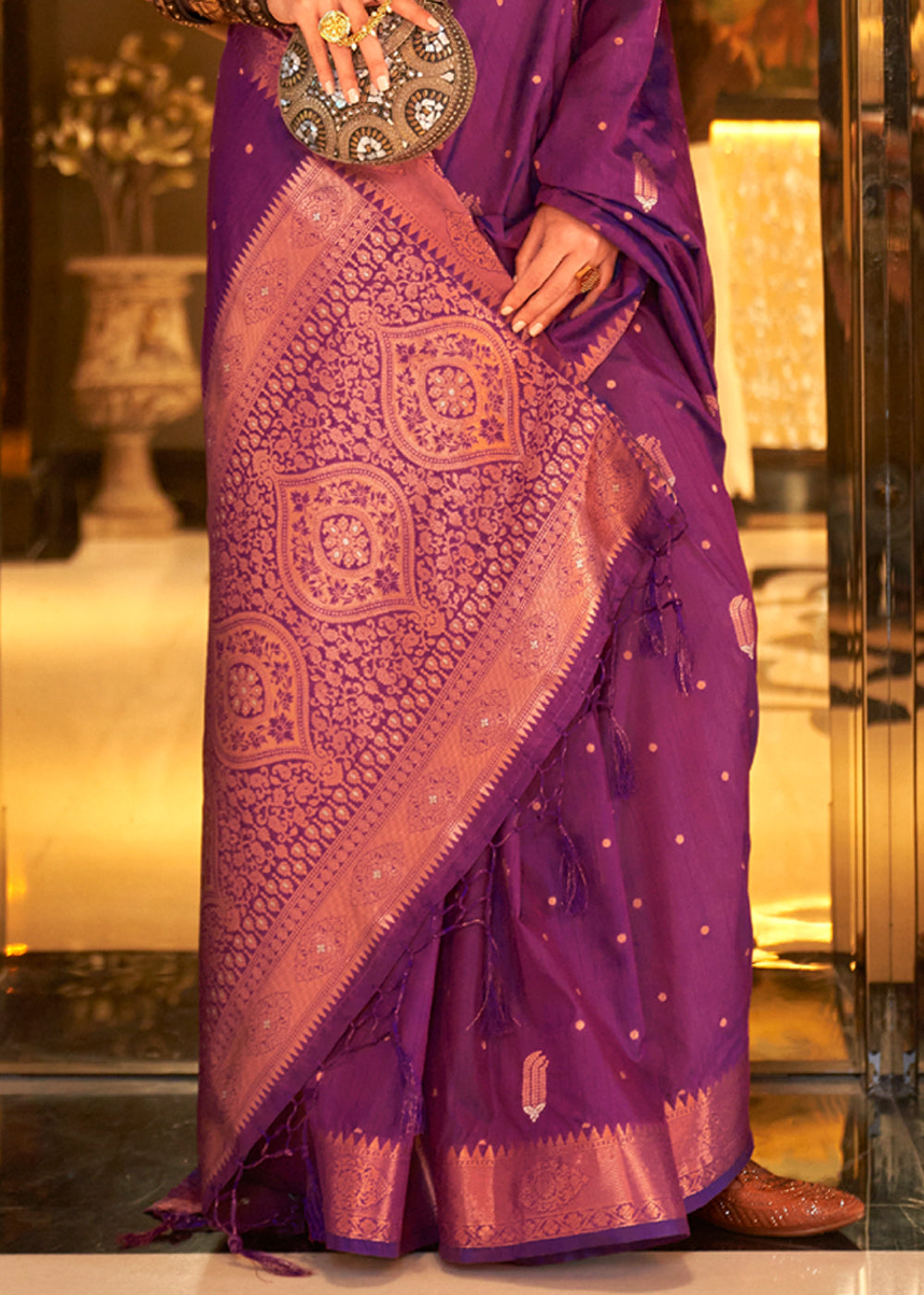 Buy MySilkLove Tawny Port Purple Bronze Zari Woven Tussar Silk Saree Online