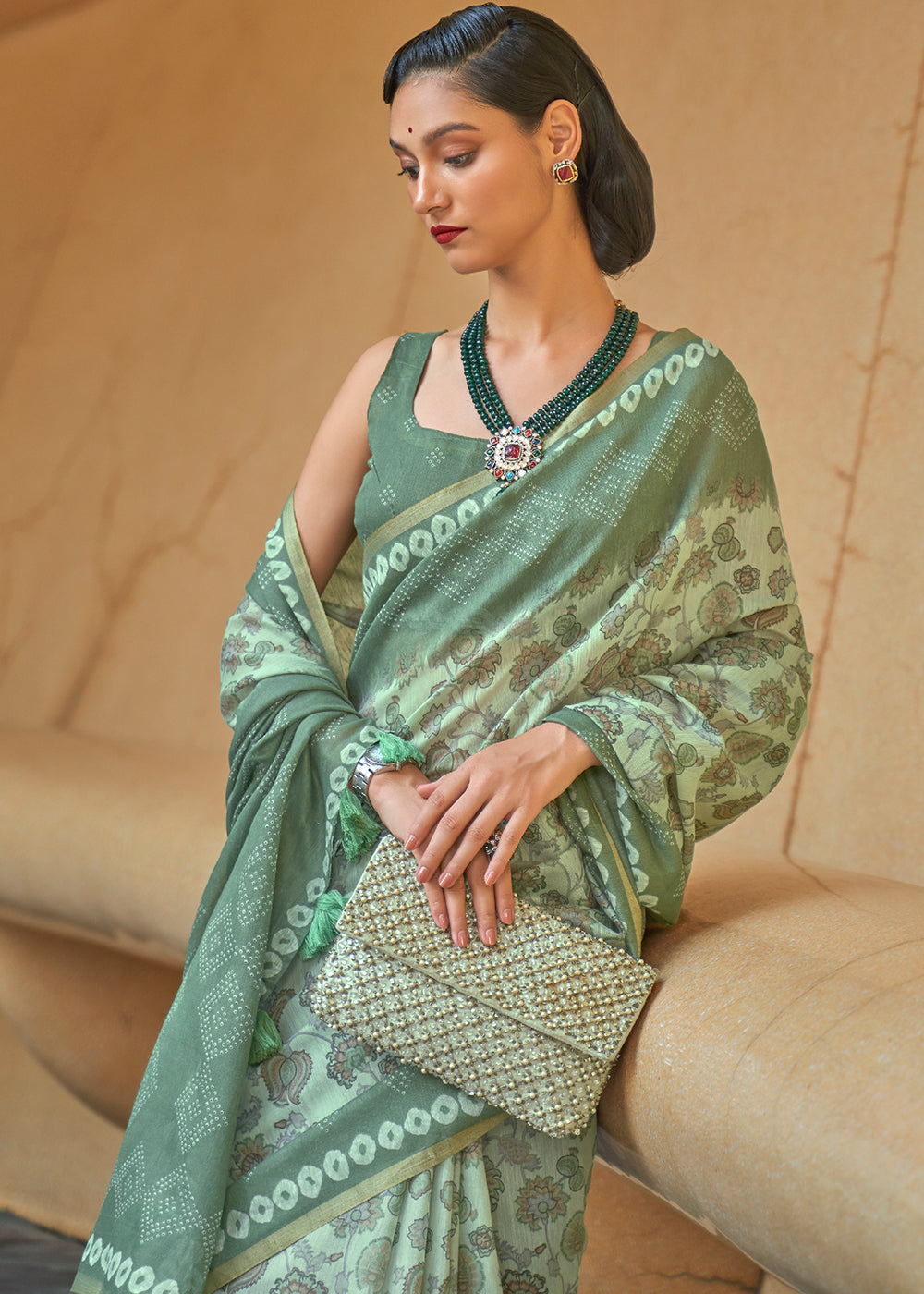 Buy MySilkLove Bitter Green Floral Printed Cotton Saree Online