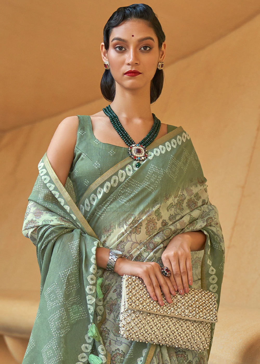 Buy MySilkLove Bitter Green Floral Printed Cotton Saree Online