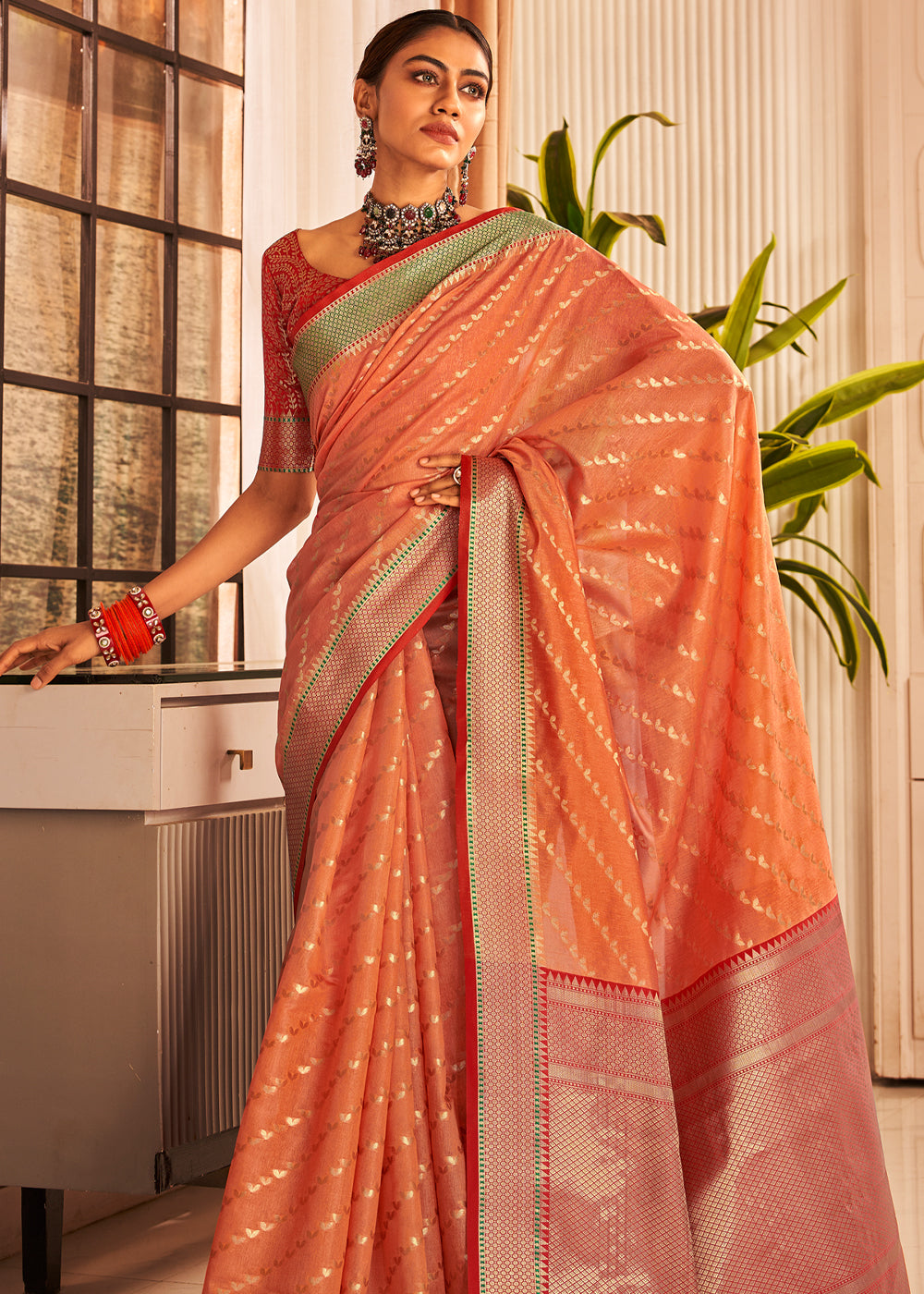 Buy MySilkLove Burnt Sienna Orange Woven Banarasi Silk Sare Online