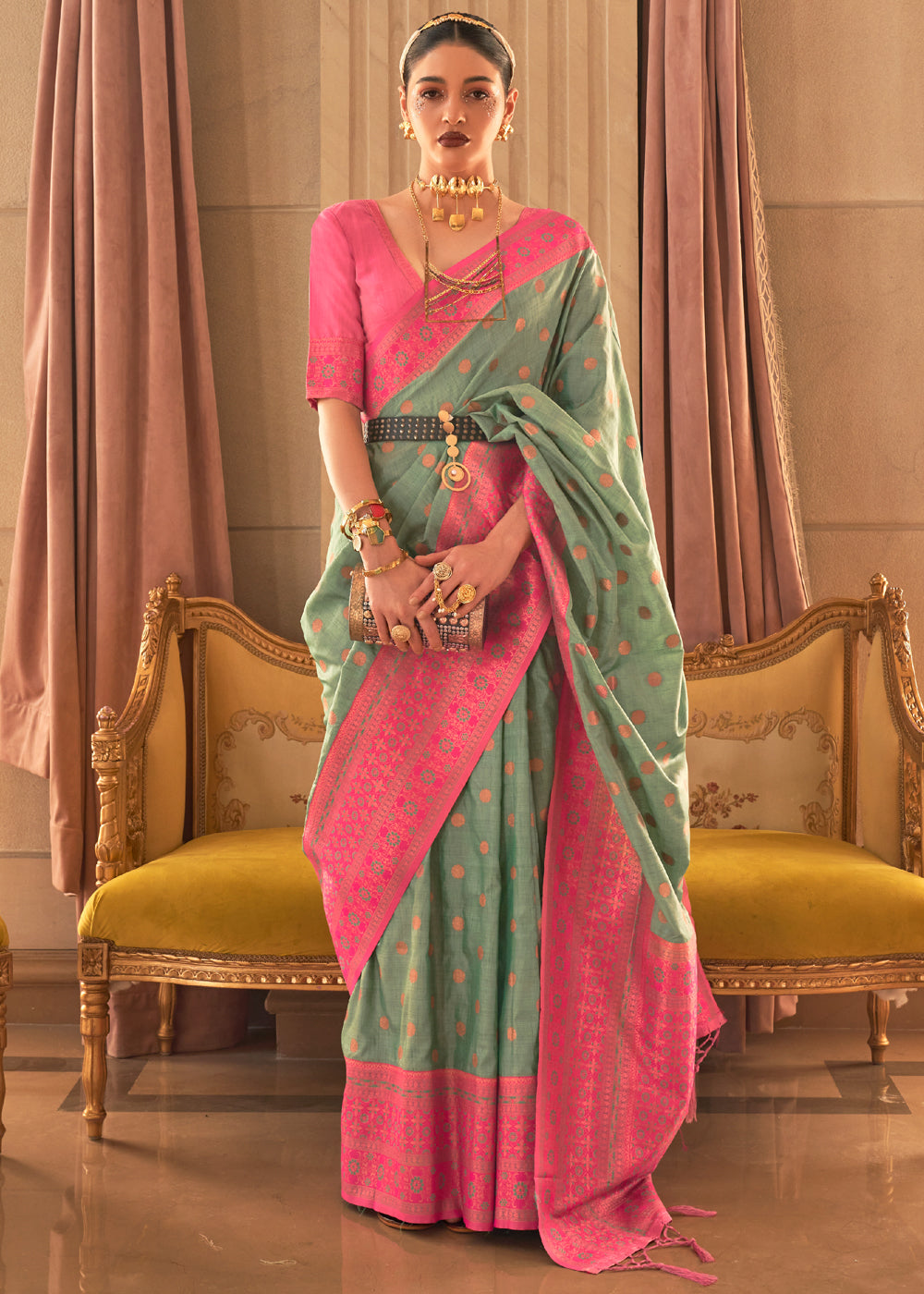 Buy MySilkLove Tallow Green and Pink Bronze Zari Woven Soft Silk Sarees Online