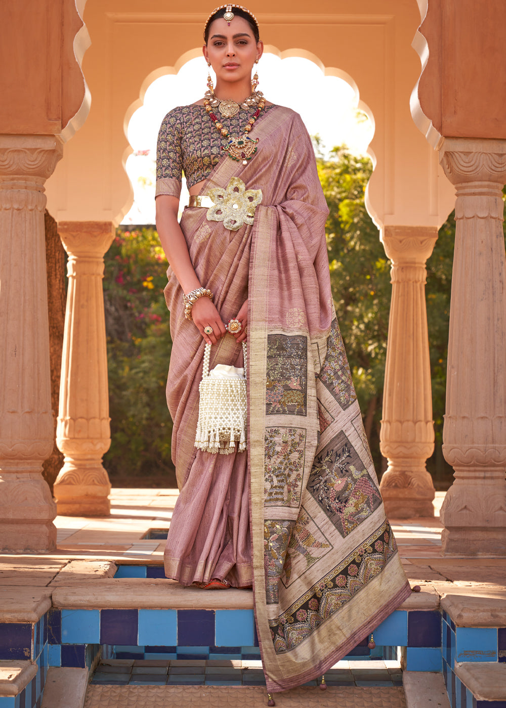 Buy MySilkLove Oriental Pink Woven Soft Textured Printed Silk Saree Online