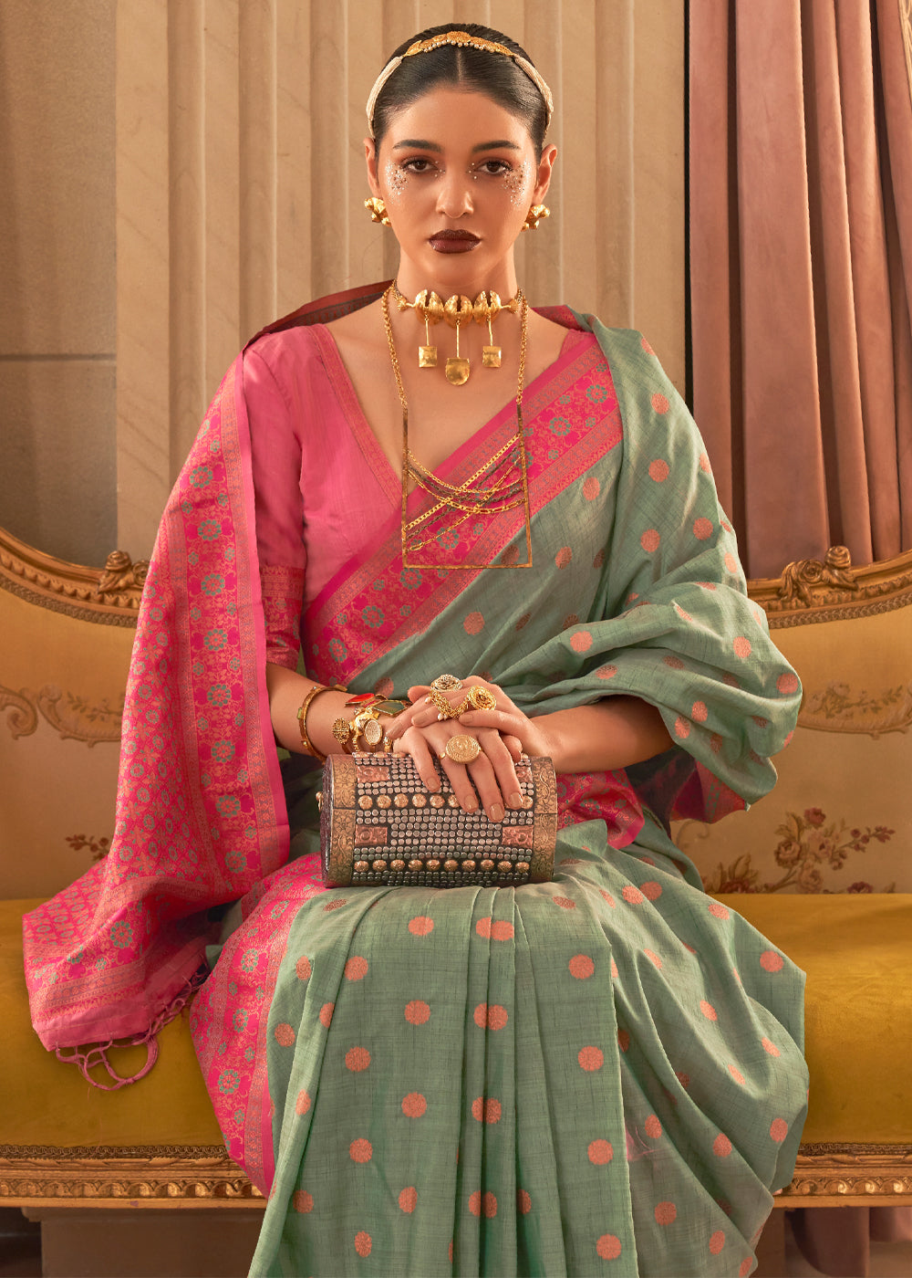 MySilkLove Tallow Green and Pink Bronze Zari Woven Soft Silk Sarees