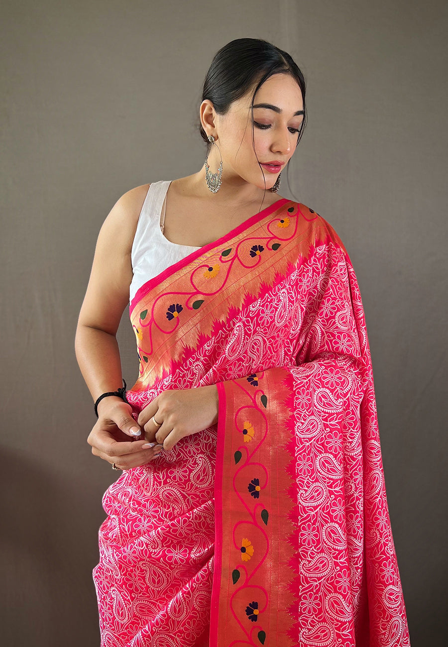 MySilkLove Mandy Pink Lucknowi Paithani Silk Saree