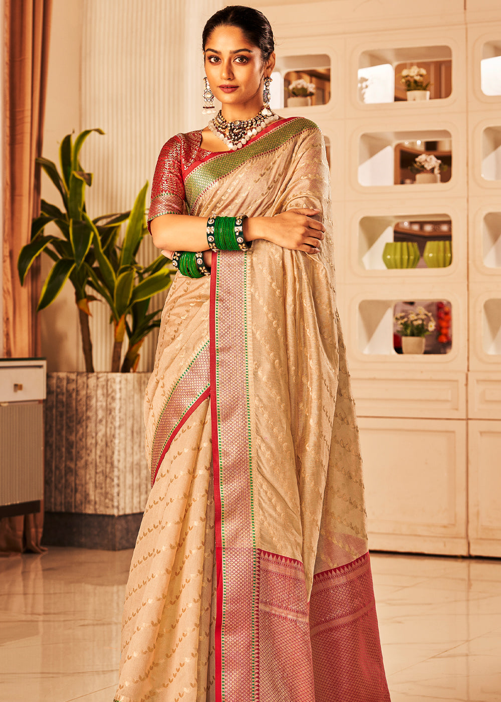 Buy MySilkLove Chalky Cream Woven Banarasi Silk Saree Online