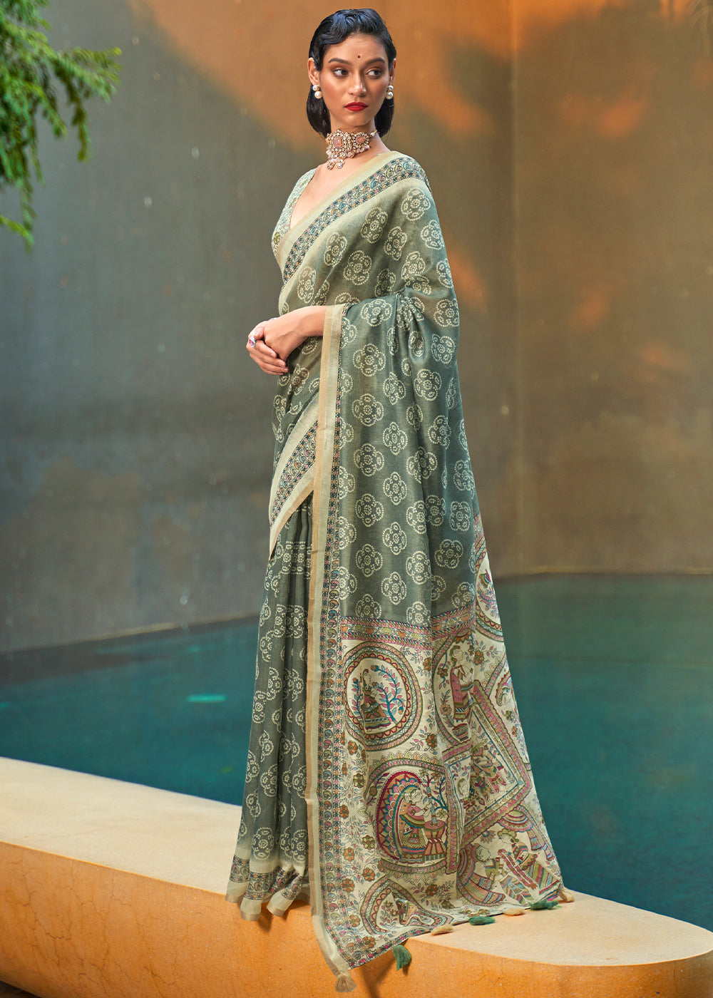 Buy MySilkLove Swamp Green Floral Printed Cotton Saree Online