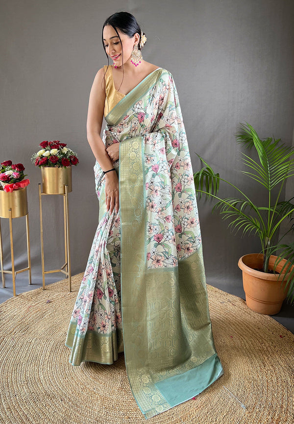 Tallow Green Kalamkari Floral Printed Saree