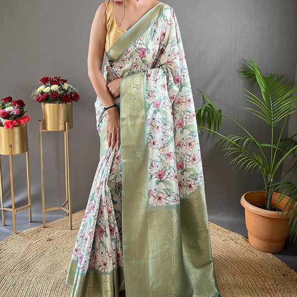 Off-White Uppada Pen Kalamkari Saree with Lotus and Peacock Motif -  Desically Ethnic