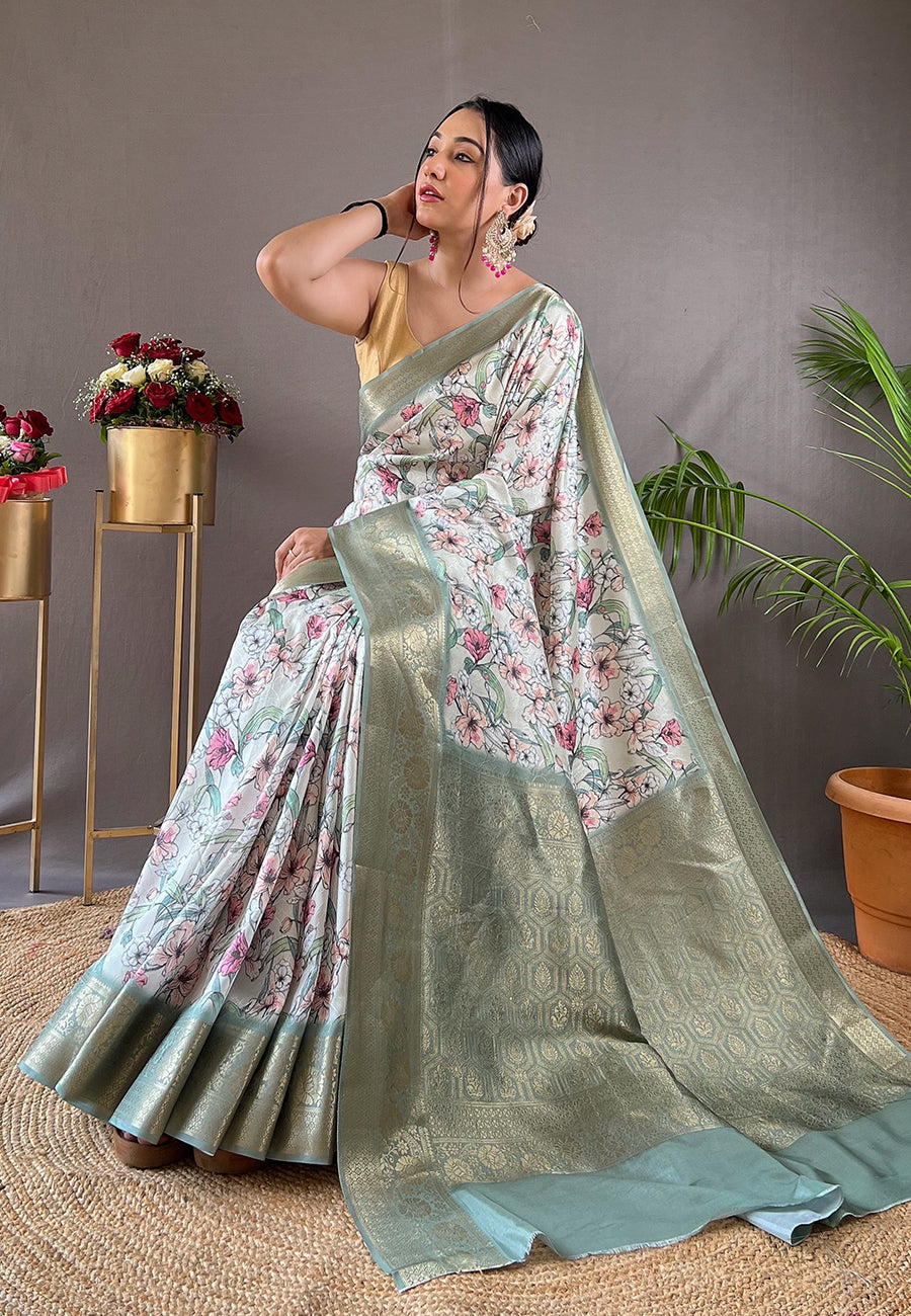 Buy MySilkLove Tallow Green Kalamkari Floral Printed Saree Online