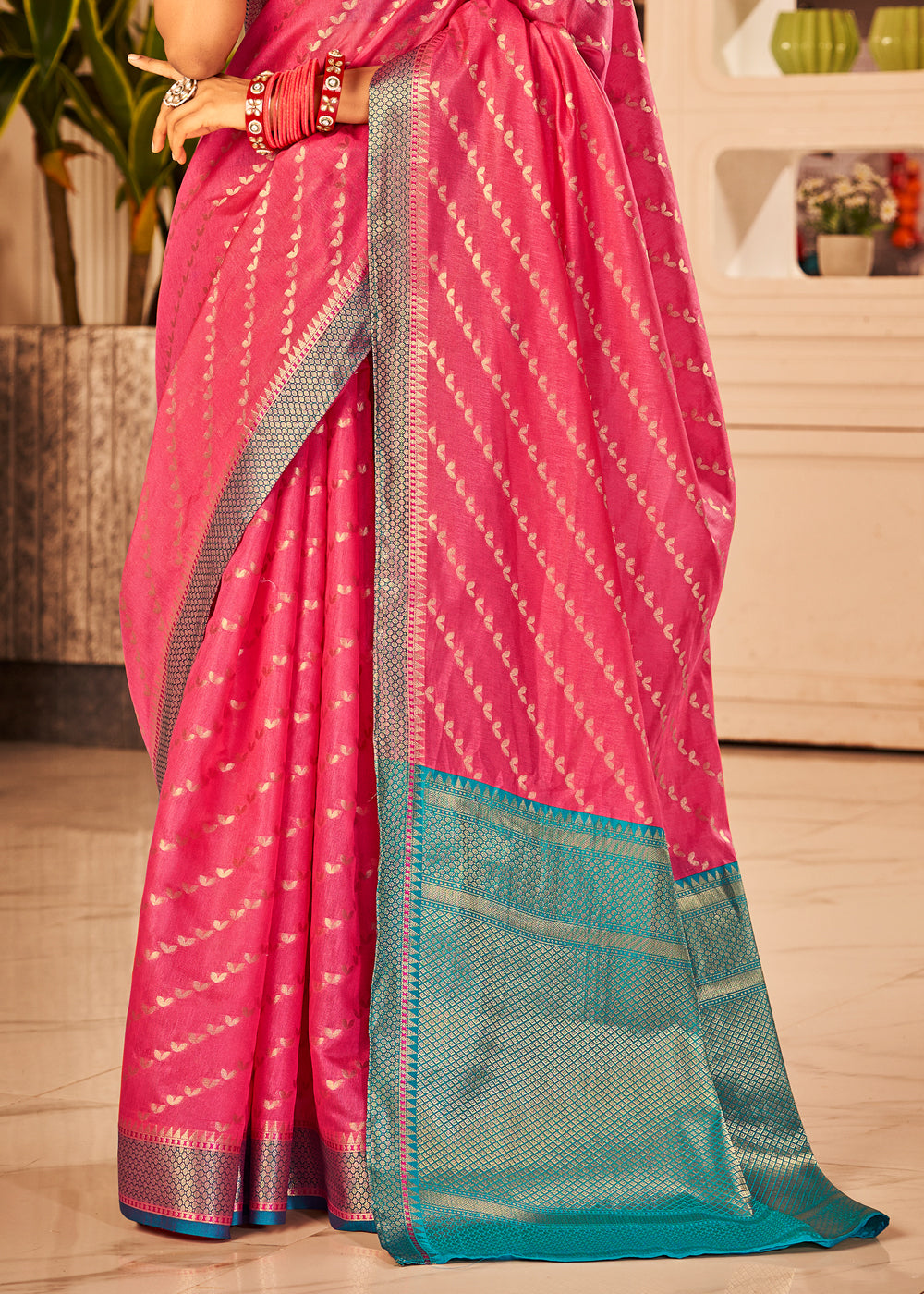 Buy MySilkLove Lotus Pink and Green Woven Banarasi Silk Saree Online