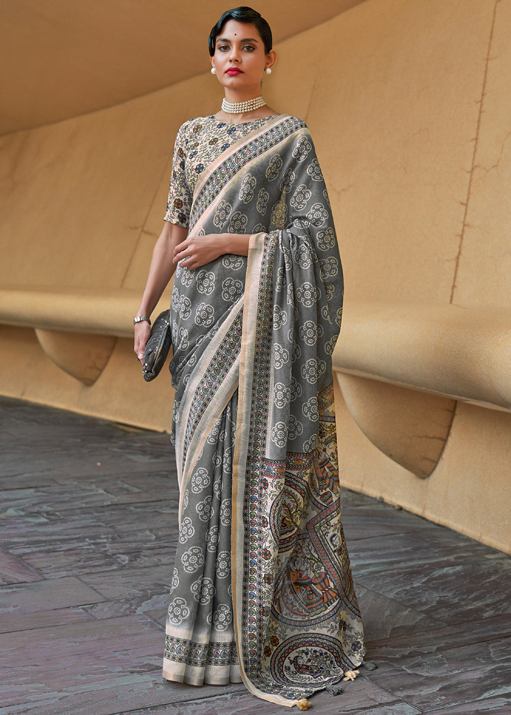 Buy MySilkLove Nobel Grey Floral Printed Cotton Saree Online