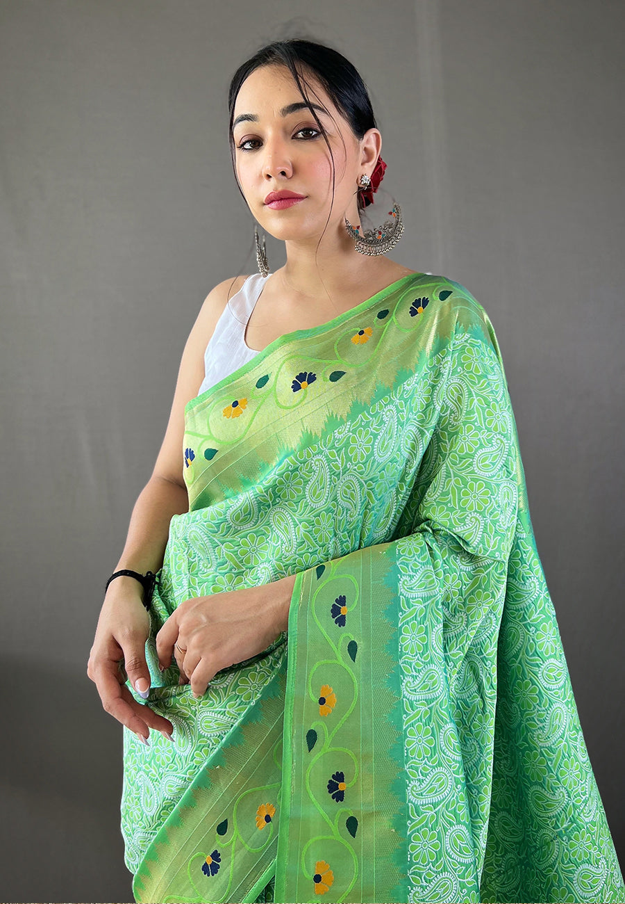 MySilkLove Fringy Flower Green Lucknowi Paithani Silk Saree