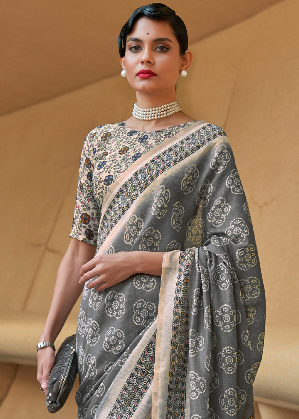 Buy MySilkLove Nobel Grey Floral Printed Cotton Saree Online