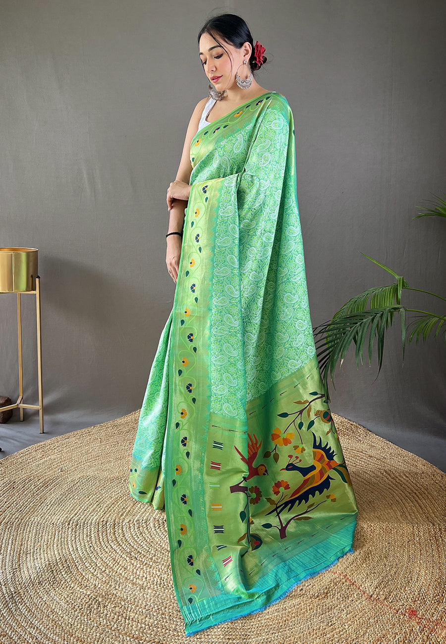 Buy MySilkLove Fringy Flower Green Lucknowi Paithani Silk Saree Online