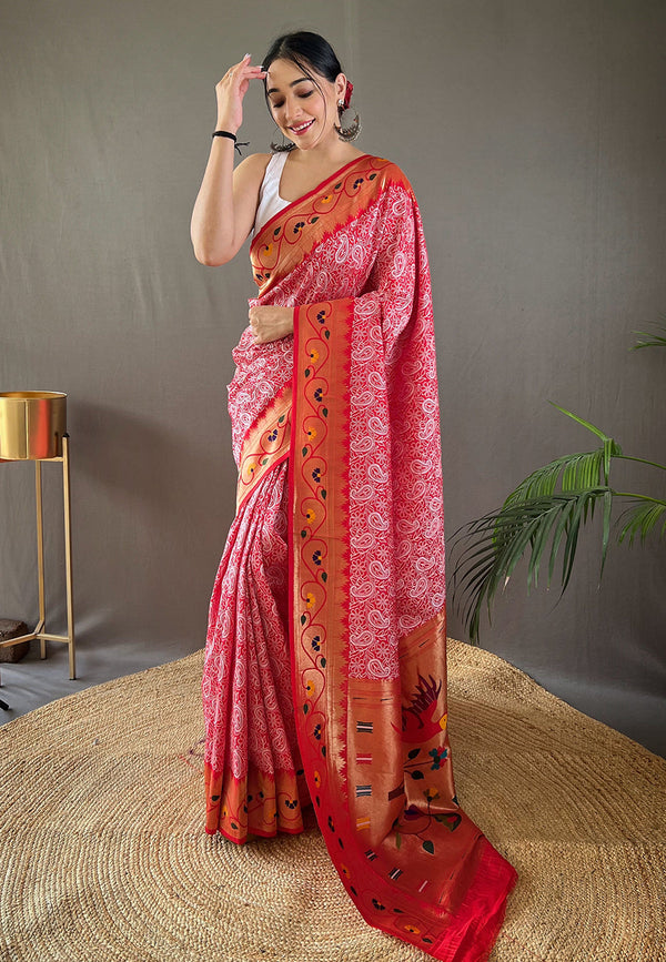 Cardinal Pink Lucknowi Paithani Silk Saree