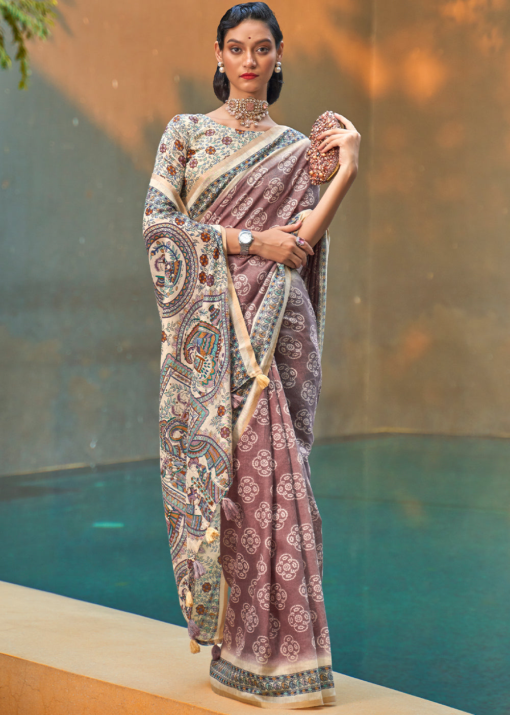 Buy MySilkLove Eunry Brown Floral Printed Cotton Saree Online