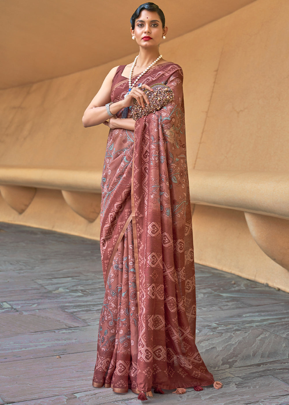 Buy MySilkLove Copper Penny Brown Floral Printed Cotton Saree Online