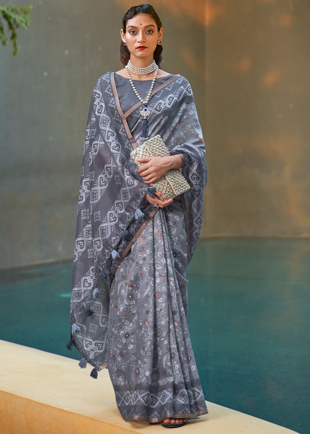 Buy MySilkLove Waterloo Grey Floral Printed Cotton Saree Online