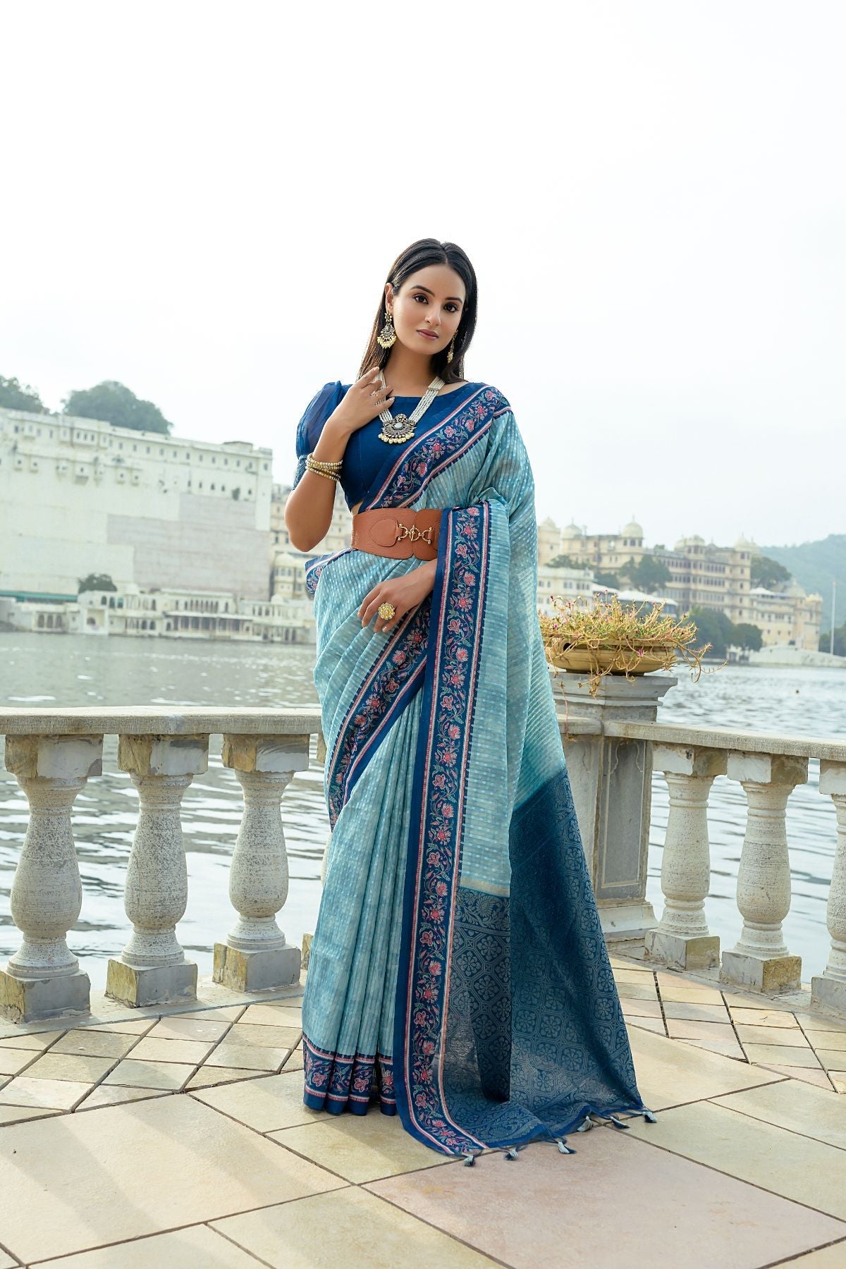 Buy MySilkLove Steel Teal Blue Cotton Silk Saree Online