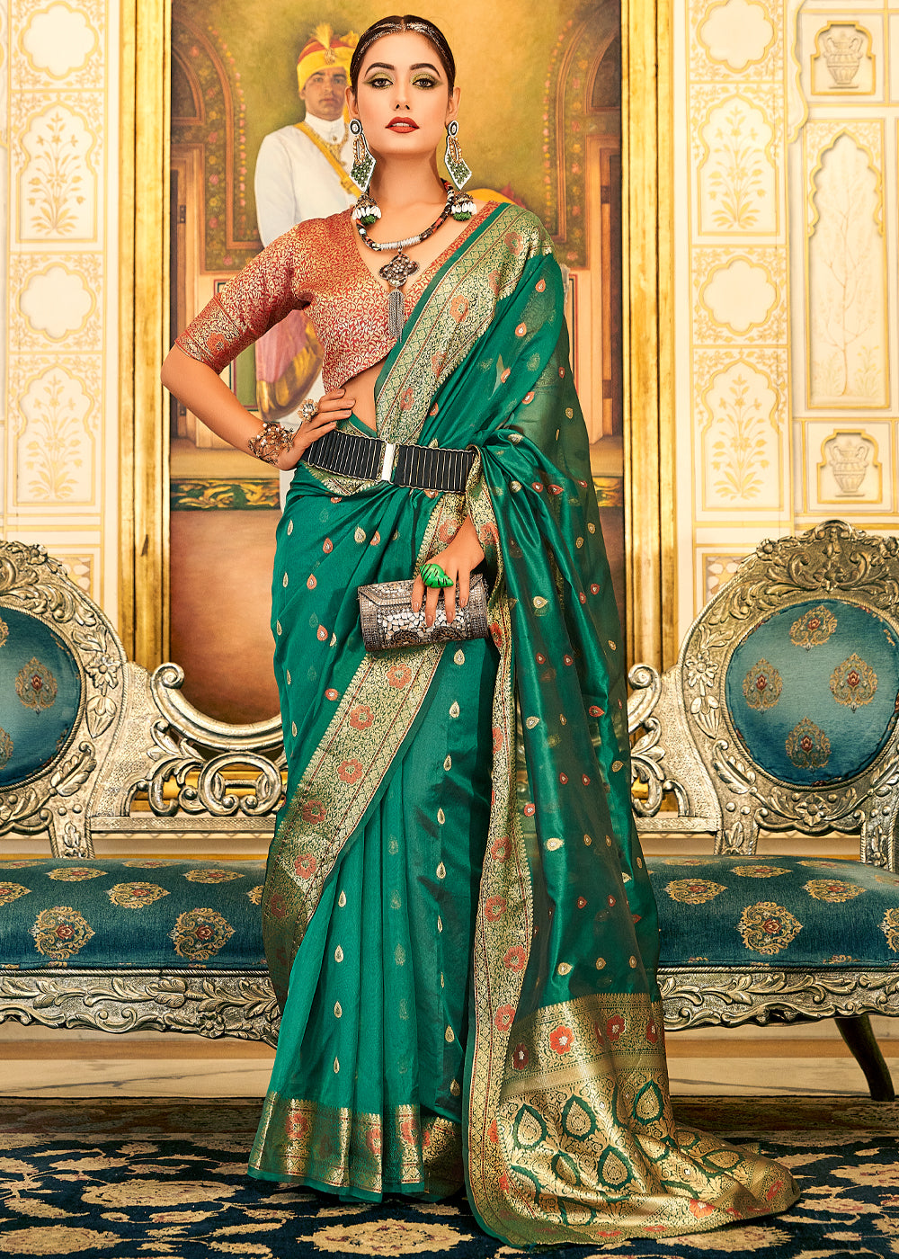 Buy MySilkLove Chateau Green Woven Banarasi Organza Silk Saree Online