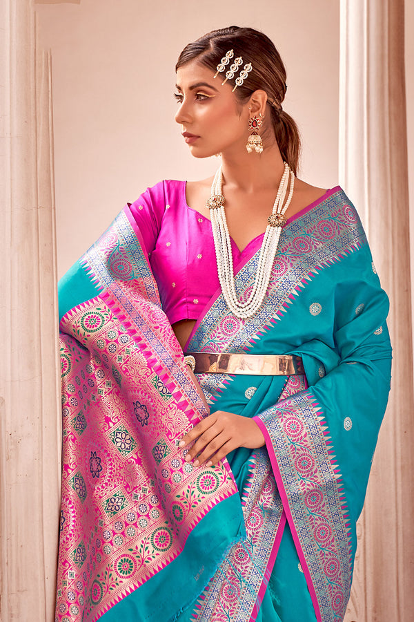 Bondi Blue Zari Woven Banarasi Silk Saree