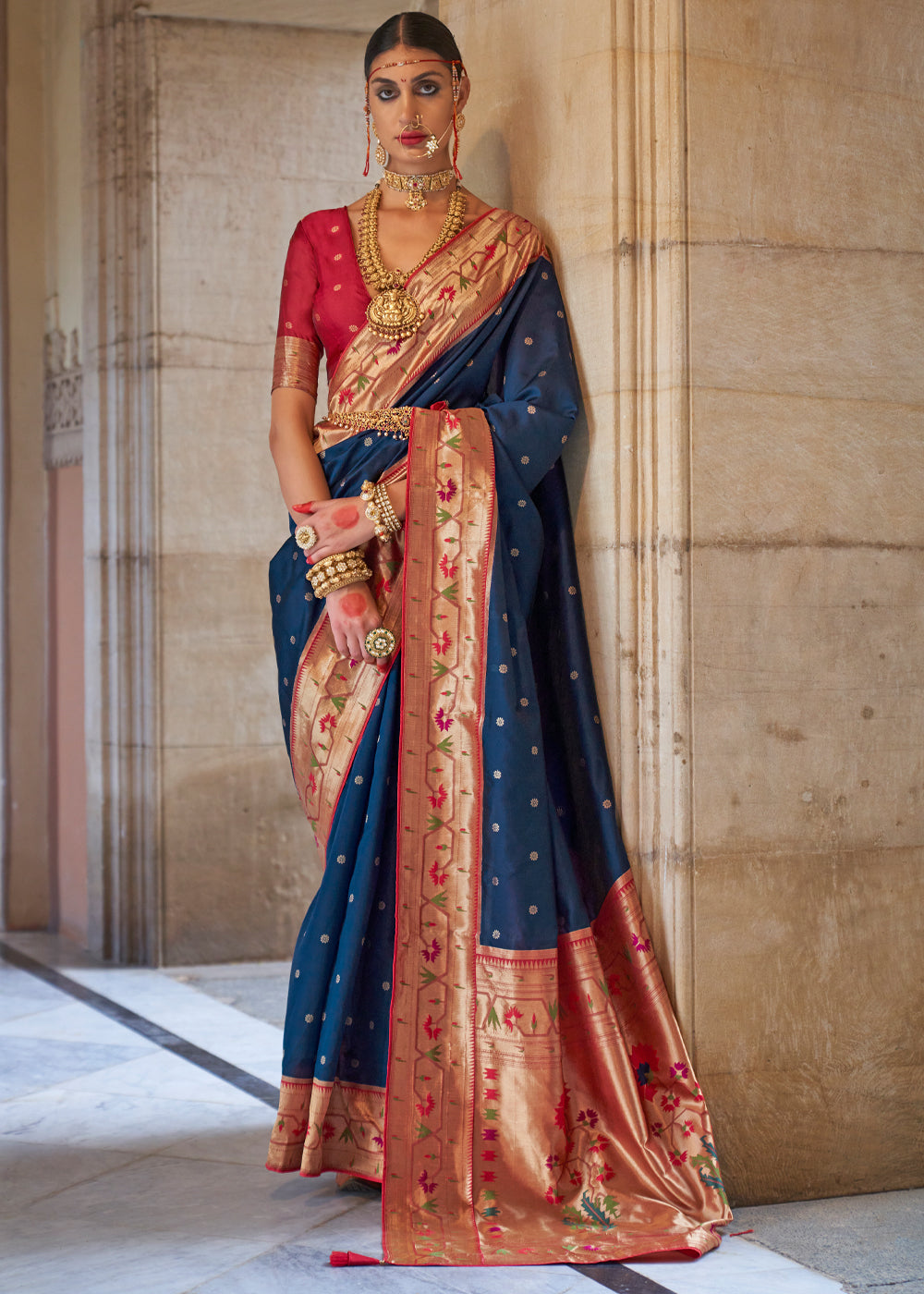 Buy MySilkLove Big Stone Blue Woven Paithani Silk Saree Online