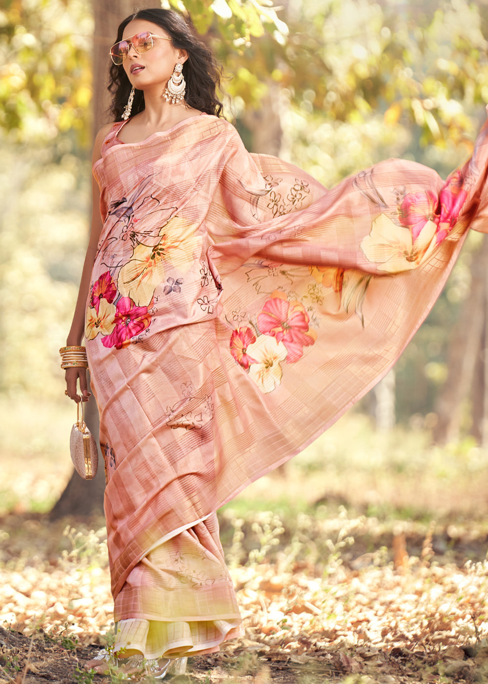 Buy MySilkLove Wheat Pink Floral Printed Cotton Silk Saree Online