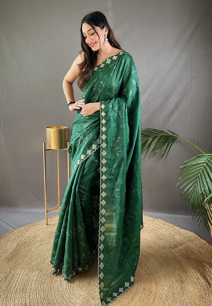 Buy MySilkLove Spring Leaves Green Embroidered Sequins Designer Saree Online