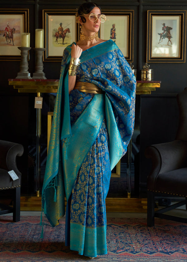 Nepal Blue Woven Banarasi Soft Silk Saree – MySilkLove