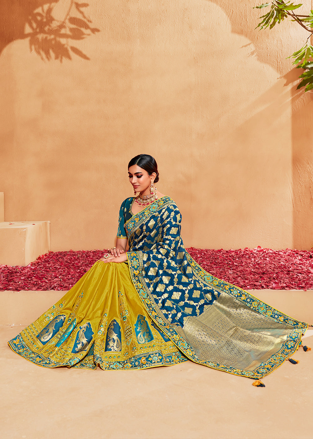Buy MySilkLove Golden Grass Yellow and Blue Embroidered Banarasi Silk Saree Online